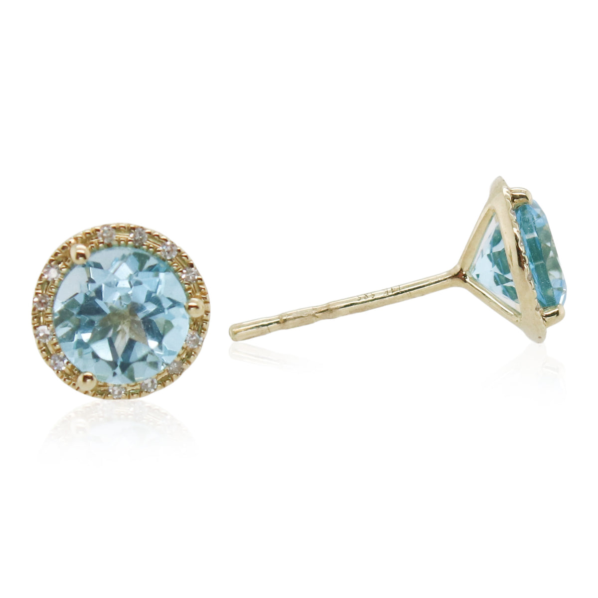 Round Blue Topaz and Halo Diamond Stud Earrings