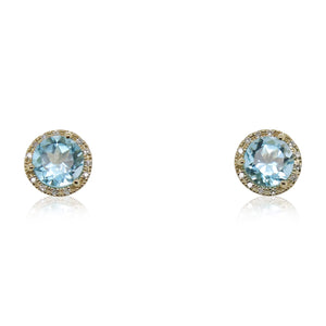 Round Blue Topaz and Halo Diamond Stud Earrings