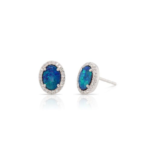 Oval Australian Opal and Diamond Stud Earrings