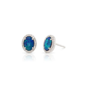 Oval Australian Opal and Diamond Stud Earrings