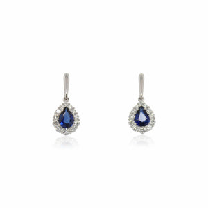 Pear Shaped Sapphire and Diamond Halo Drop Earrings