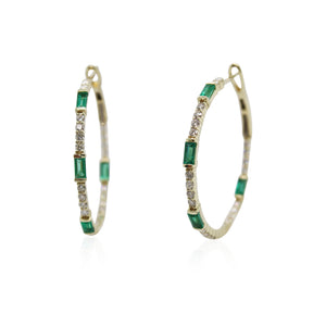 Baguette Emerald and Diamond Hoops