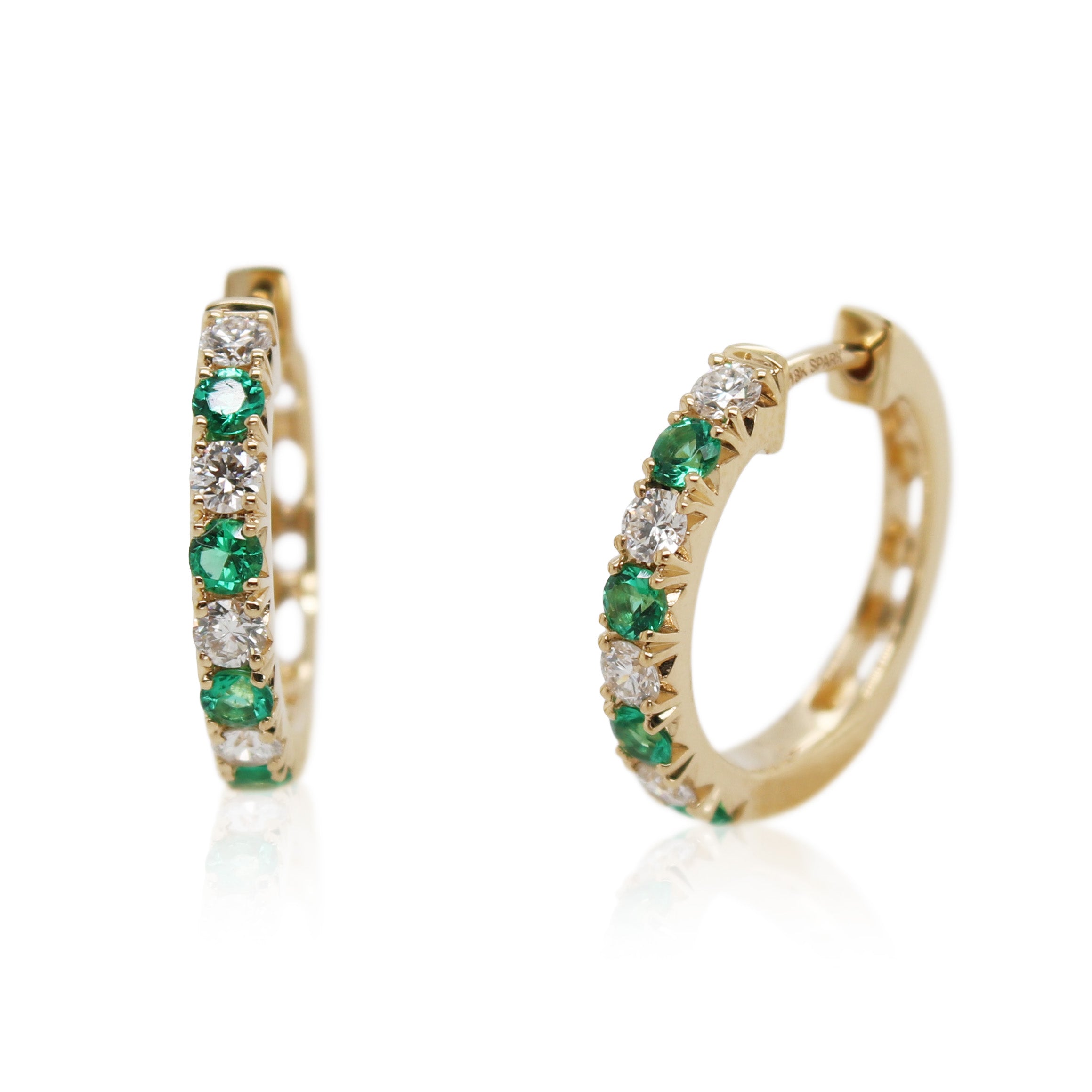 Yellow Gold Emerald and Diamond Hoops