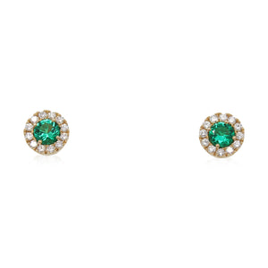 Yellow Gold Emerald and Diamond Halo Earrings