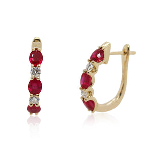 Alternating Ruby and Diamond Yellow Gold Hoops