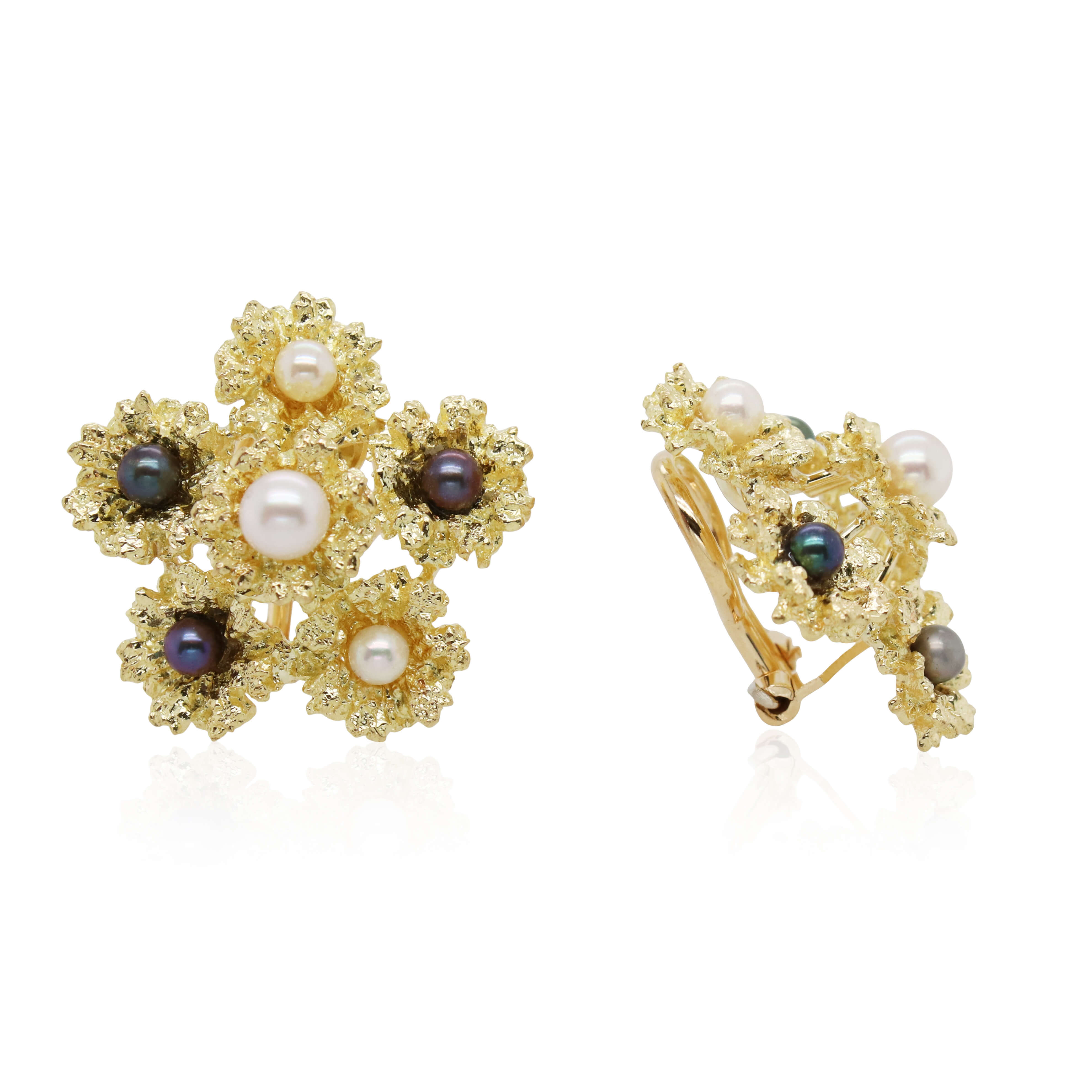 White and Black Pearl Floral Clip-On Earrings