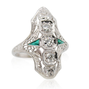 Old European Cut Diamond and Synthetic Emerald Elongated Ring