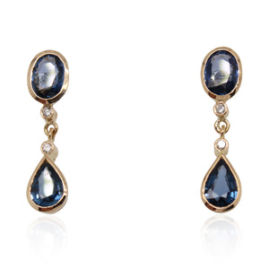 Oval and Pear Shaped Sapphire and Diamond Dangle Earrings