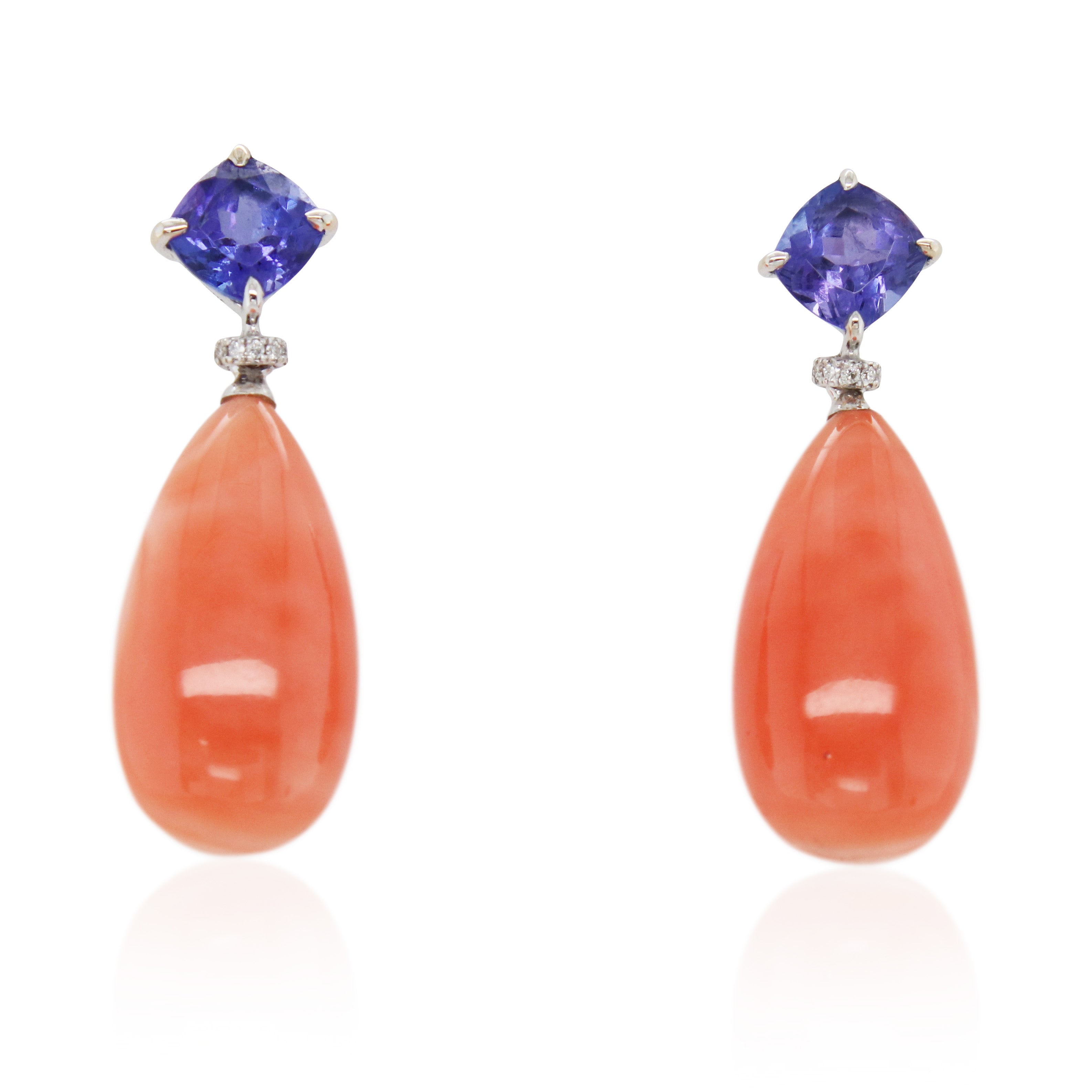Cushion Cut Tanzanite, Diamond, and Coral Earrings