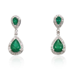 Double Emerald Halo Diamond Drop Earrings