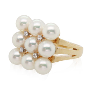 9 Pearl and Diamond Cluster Ring