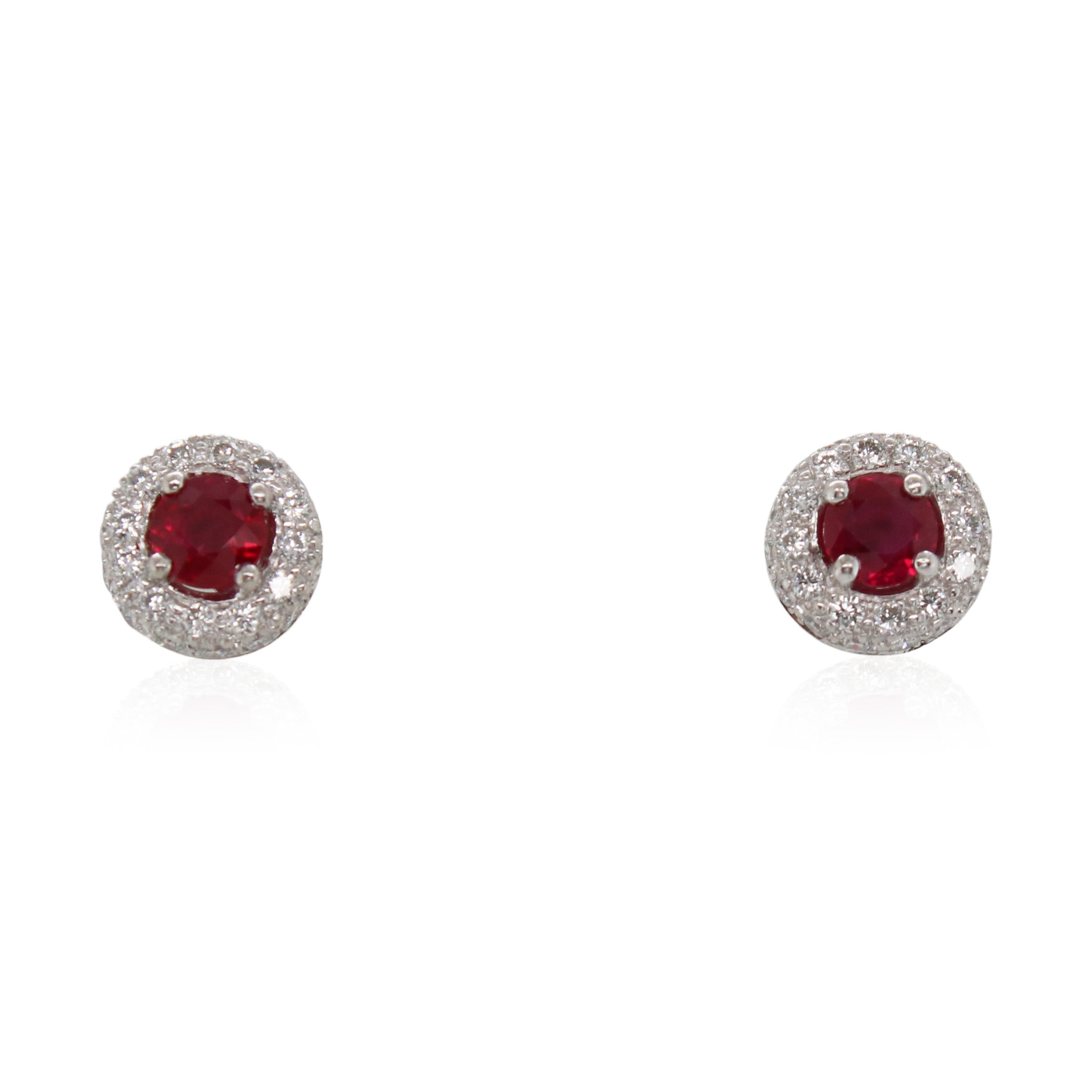 Platinum Ruby and Halo Diamond Studs