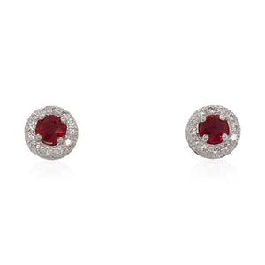 Platinum Ruby and Halo Diamond Studs