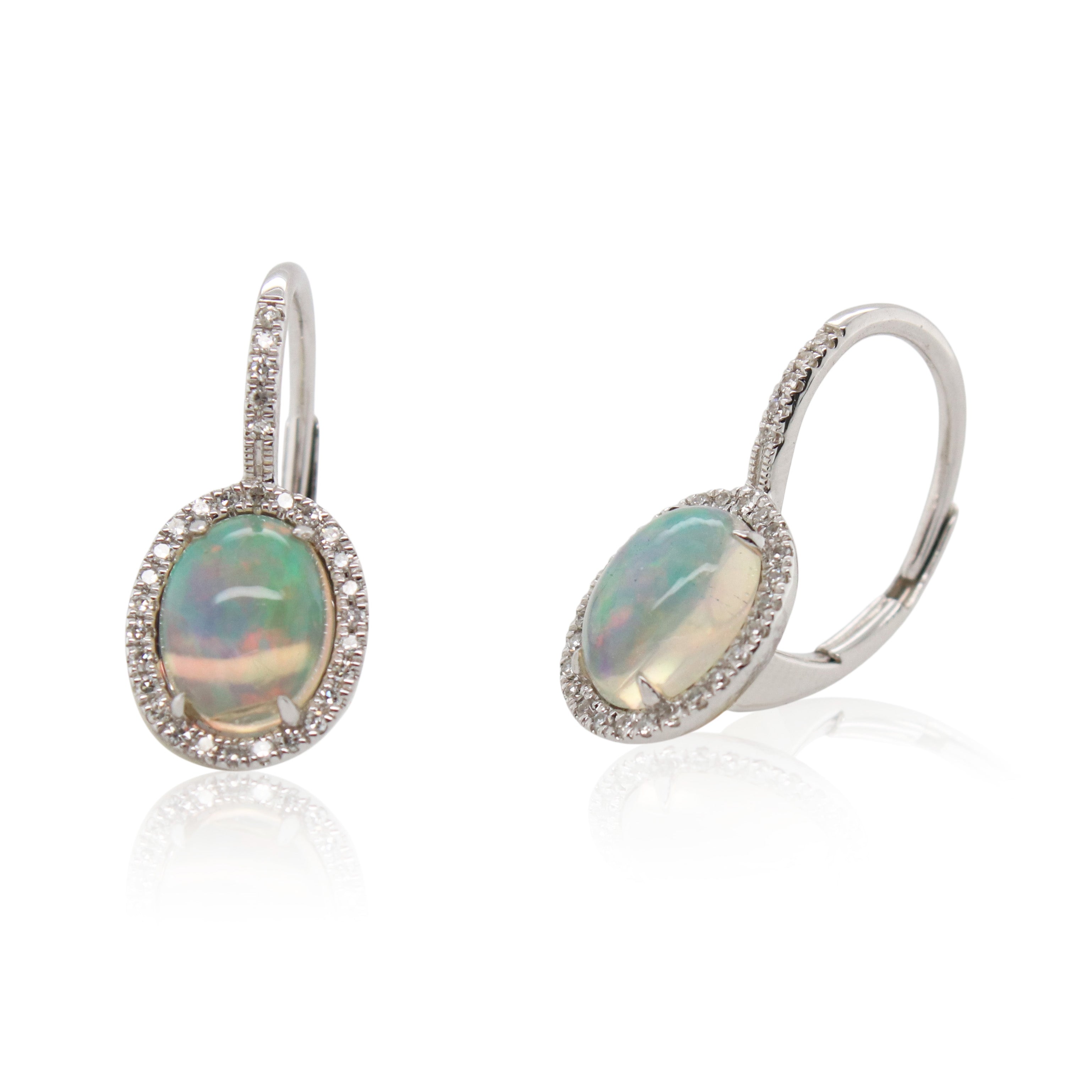 Oval Opal and Diamond Halo Drop Earrings