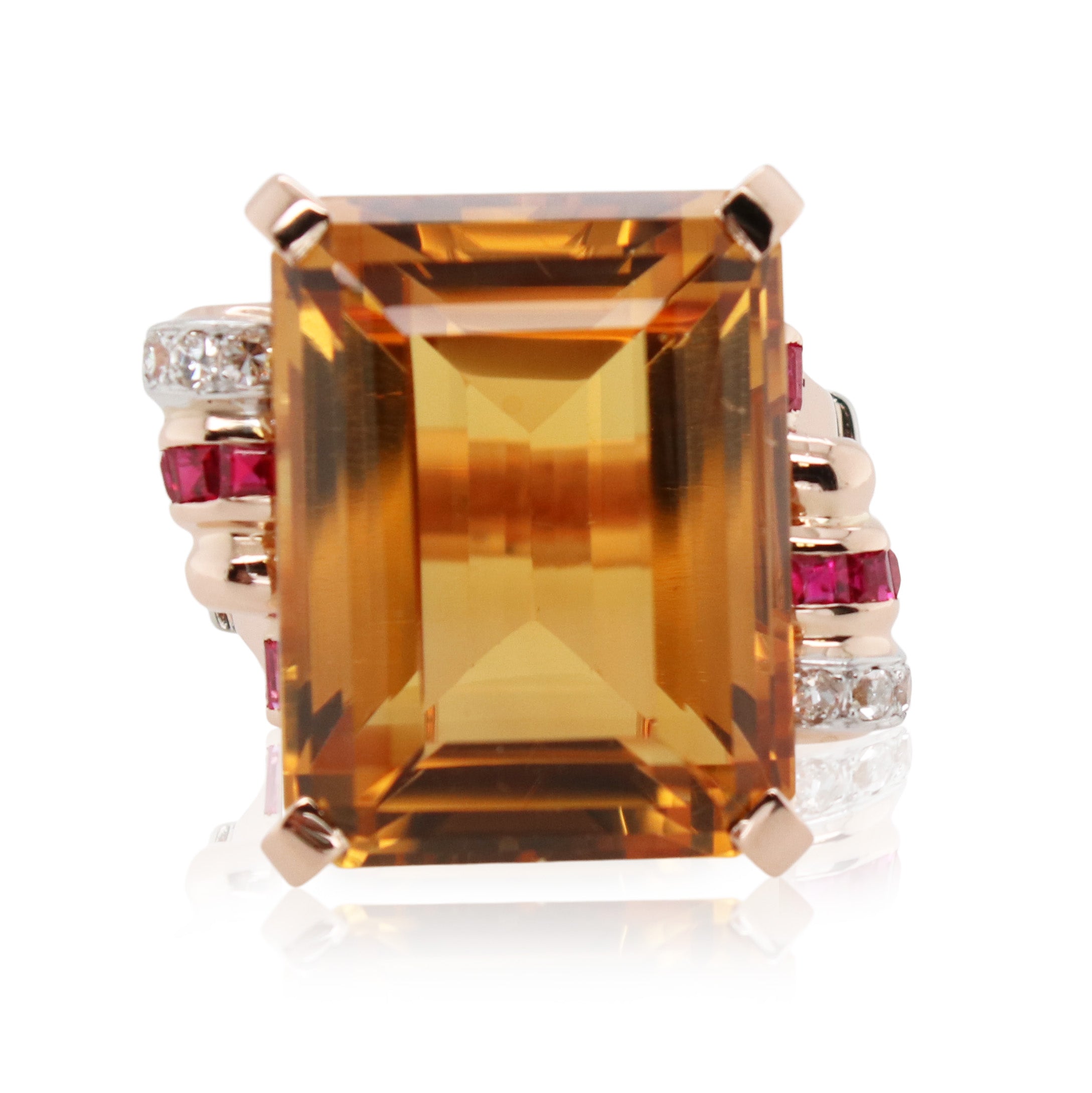 Mid-Century Modern Citrine, Ruby, and Diamond Ring