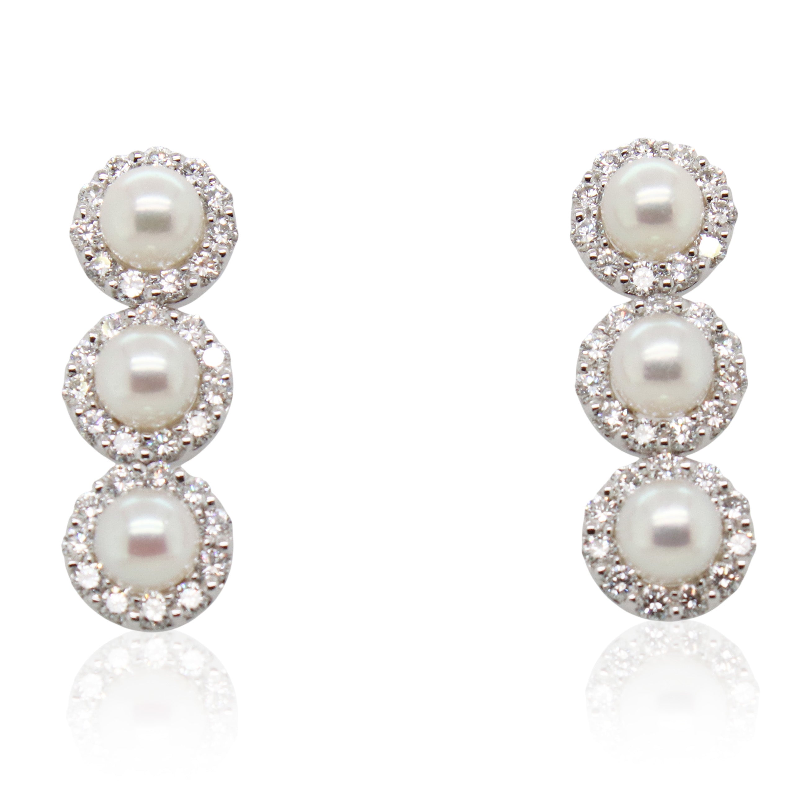 Estate Tri Pearl and Halo Diamond Drop Earrings