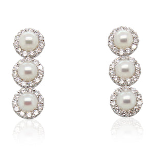 Estate Tri Pearl and Halo Diamond Drop Earrings