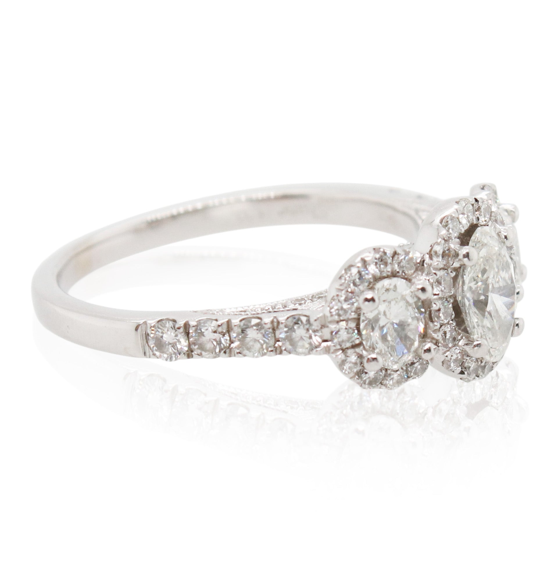 Estate Oval Halo Diamond Three Stone Ring