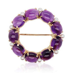 Estate Cabochon Amethyst and Pearl Brooch