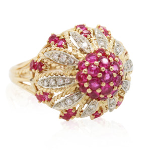 Estate Ruby and Diamond Floral Domed Ring