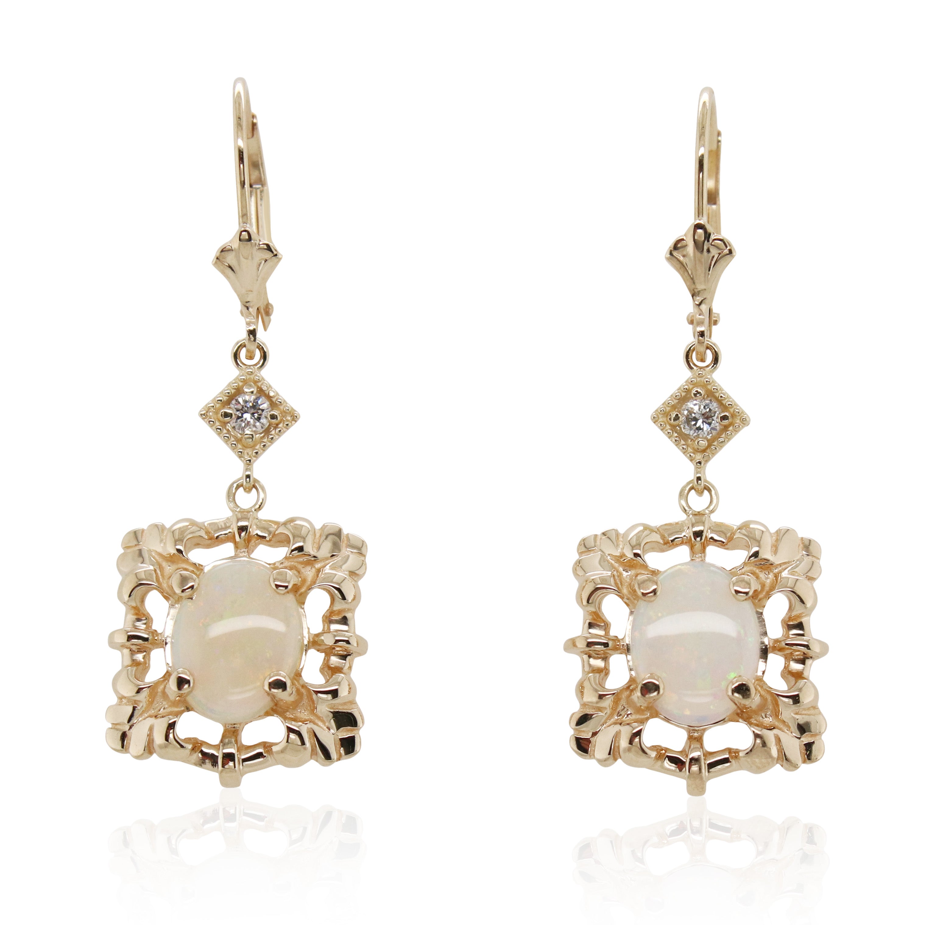 Oval Opal and Diamond Square Earrings