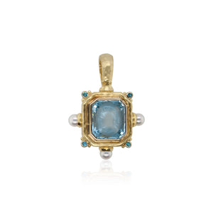 Carved Blue Topaz and Pearl Hammered Pendant