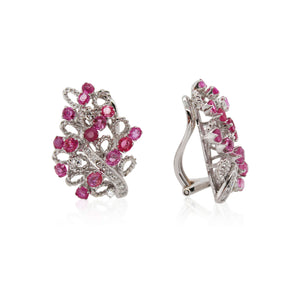 Pink Sapphire, Ruby, and Diamond Cluster Earrings