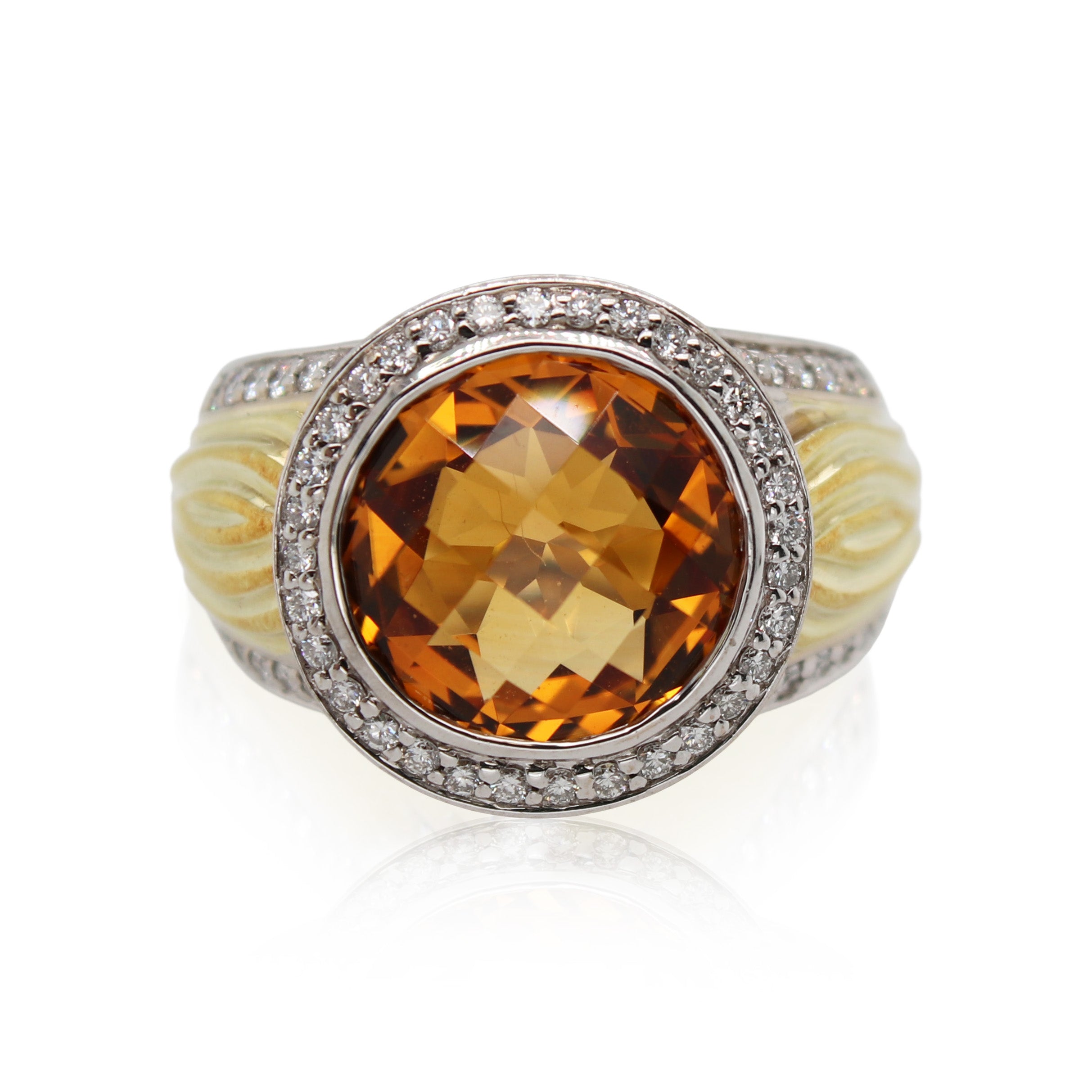Estate Spark Creations Round Citrine and Halo Diamond Ring