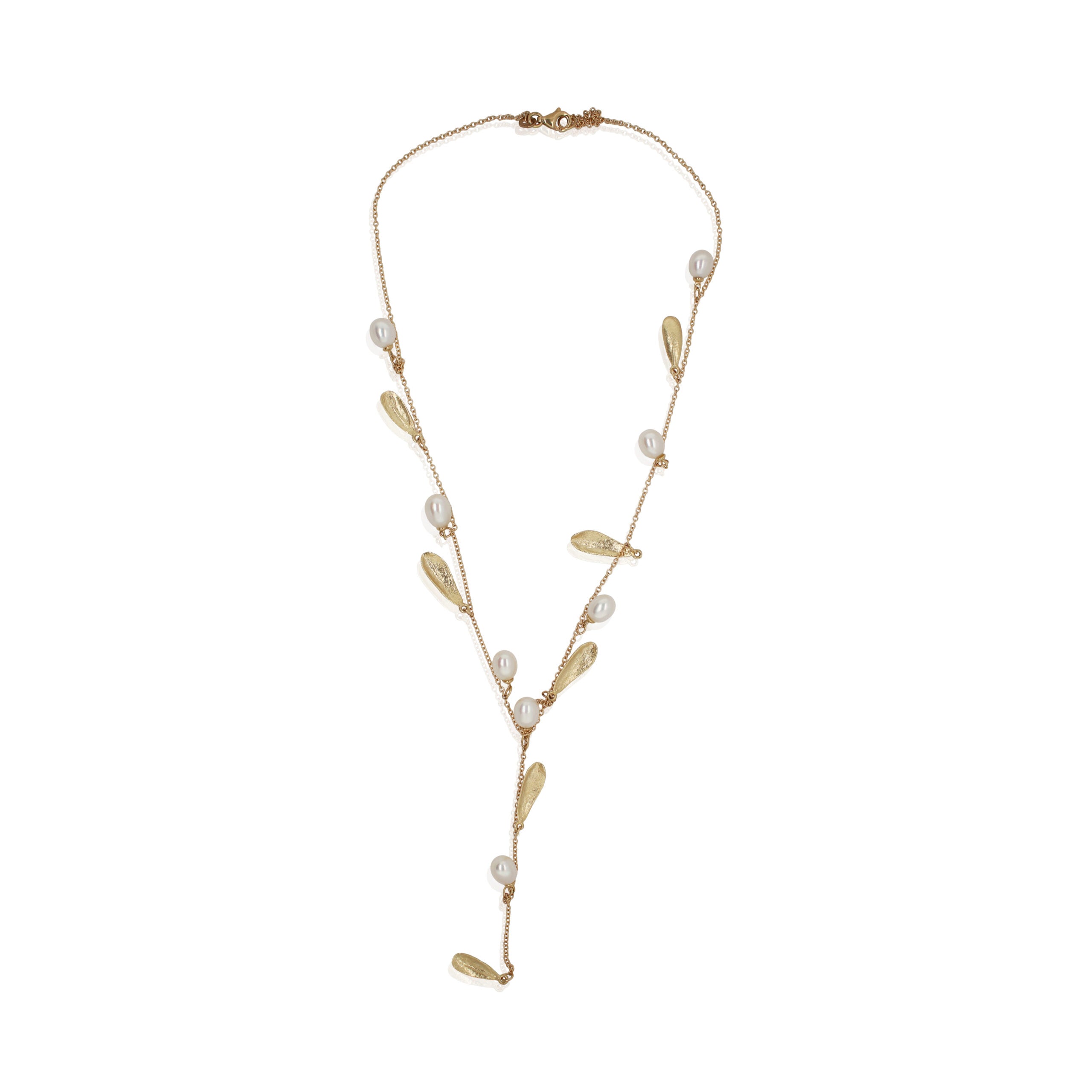 Pearl and Leaf Lariat Necklace