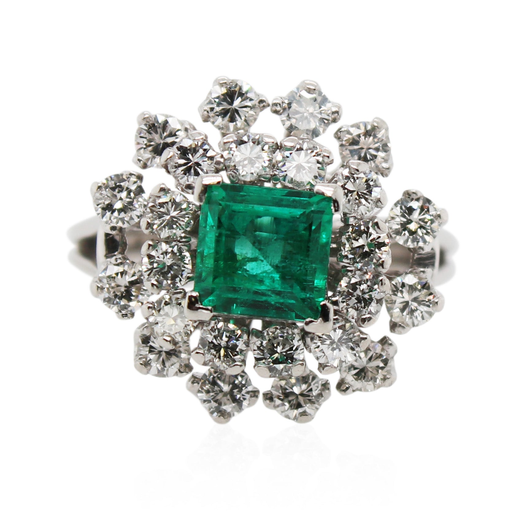 Emerald and Double Diamond Halo Ring