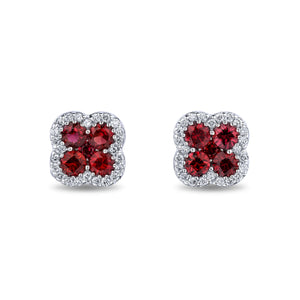 Ruby and Halo Diamond Floral Studs