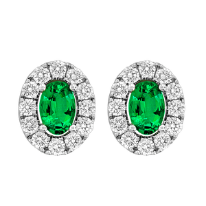 White Gold Oval Emerald and Diamond Halo Studs
