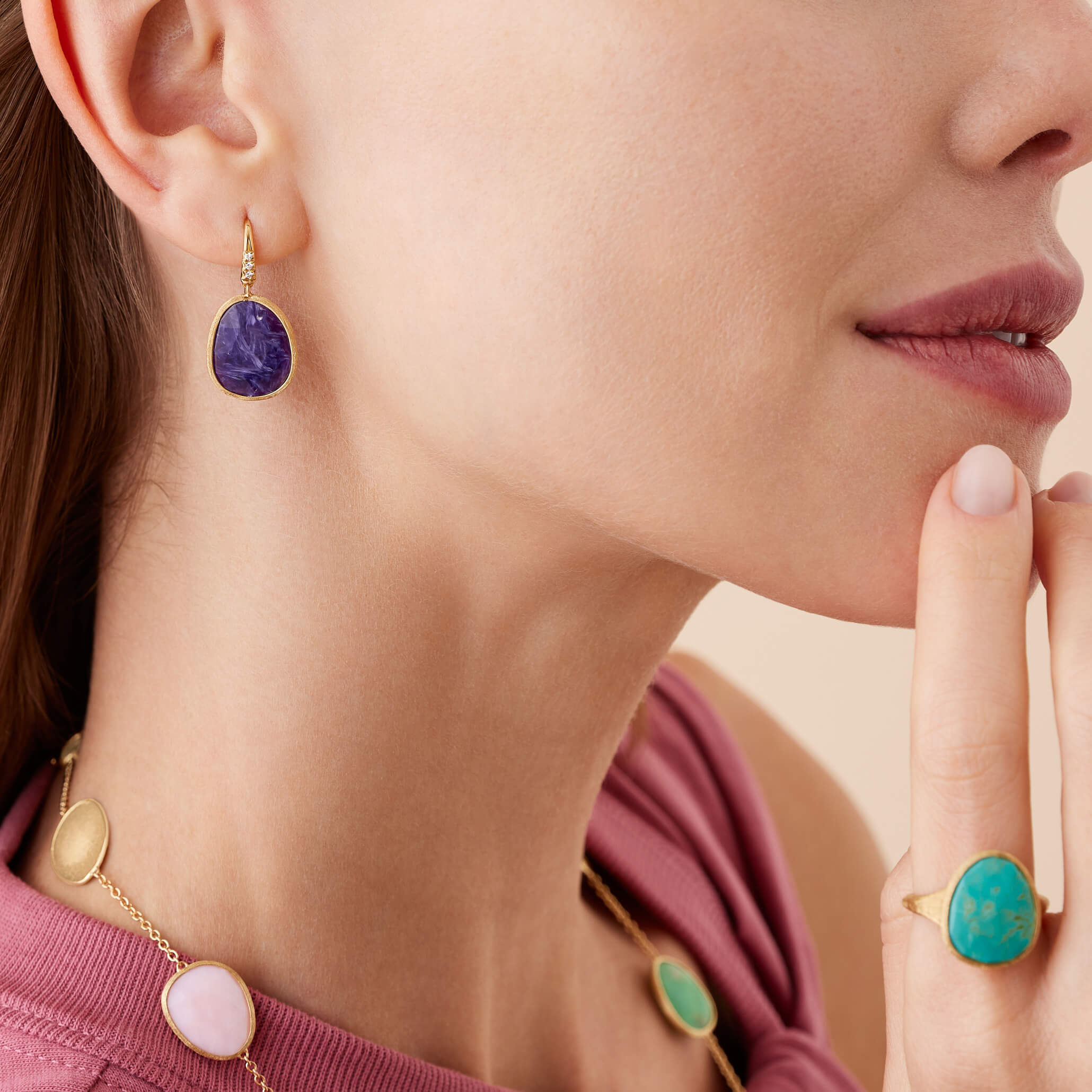 Marco Bicego Lunaria Collection 18K Yellow Gold Drop Earrings with Charoite and Diamond Accents