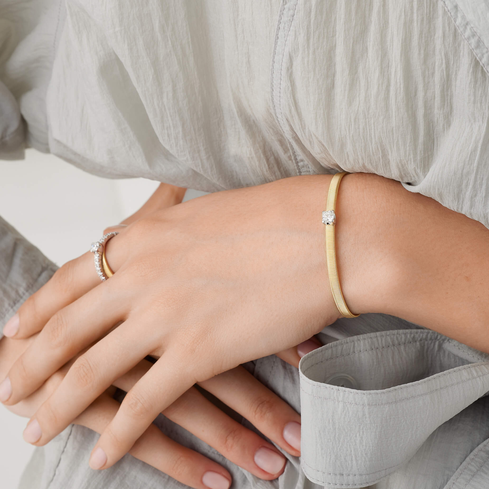 Marco Bicego Masai Collection 18K Yellow Gold Coil Bangle Bracelet with Cushion-Cut Diamond