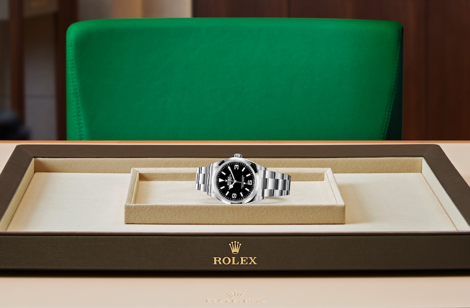 Rolex Explorer 36 displayed on a tray