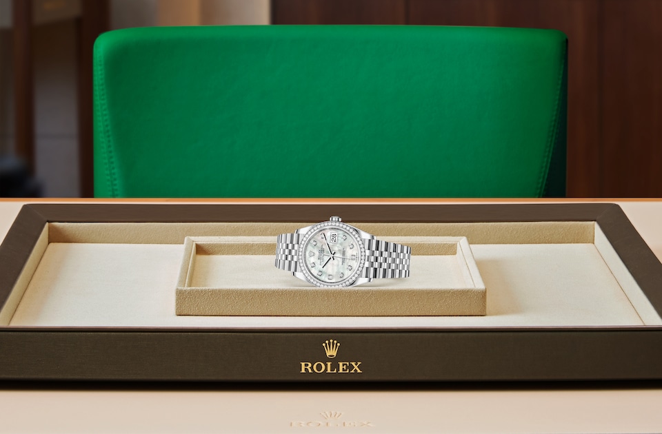 Rolex Datejust 36 displayed on a tray