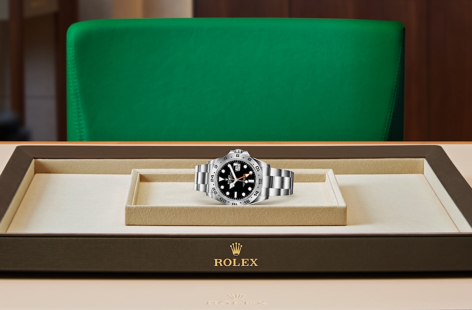 Rolex Explorer II displayed on a tray
