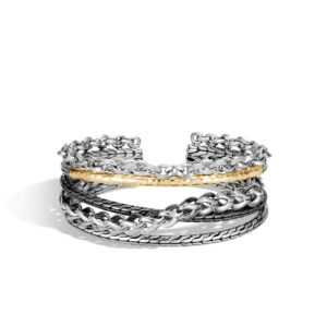 This Asli Classic Chain Link Flex Cuff from John Hardy is crafted from a mixture of Classic Chain, Asli Link, and Curb Chain in sterling silver, blackened silver, and 18K hammered yellow gold.