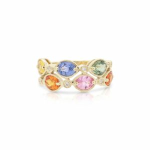 This multicolored ring by Rafael is crafted from 14k yellow gold and features 2.84 total carats of multicolored gemstones and 0.05 total carats of diamonds.