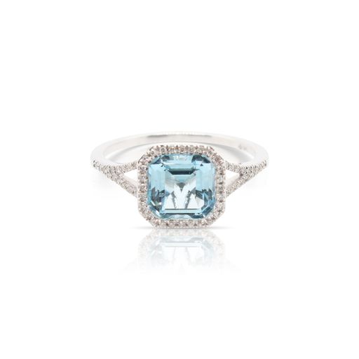This blue topaz and diamond ring by Rafael is crafted from 14k white gold and features a 2.30 carat blue topaz and 0.15 total carats of diamonds.