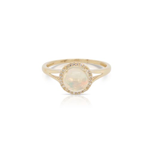 This opal and diamond ring by Rafael is crafted from 14k yellow gold and features a 0.90 carat opal and 0.05 total carats of diamonds around the halo.