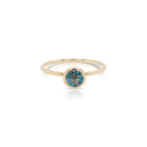This solitaire London blue topaz ring by Rafael is crafted from 14k yellow and features a 0.55 carat round London blue topaz.