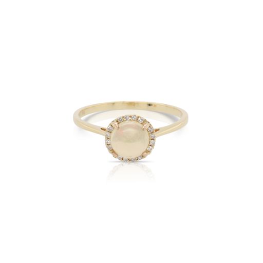 This opal and diamond ring by Rafael is crafted from 14k yellow gold and features a 1.00 carat round opal and 0.06 total carats of diamonds around the halo.