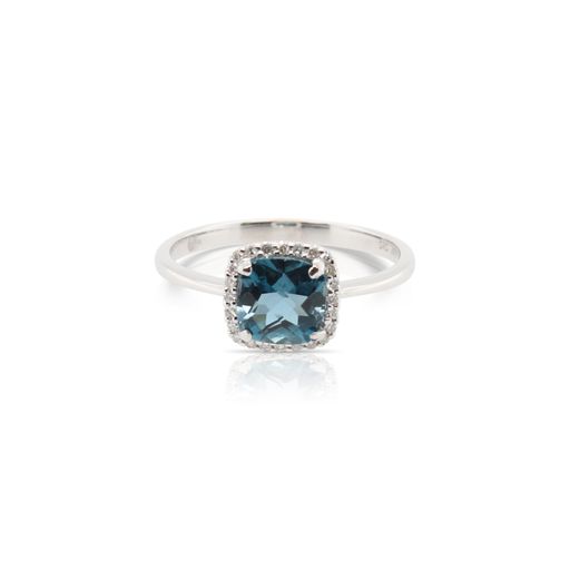 This London blue topaz and diamond ring by Rafael is crafted from 14k white gold and features a 1.40 carat cushion shaped London blue topaz and 0.07 total carats of diamonds around the halo.