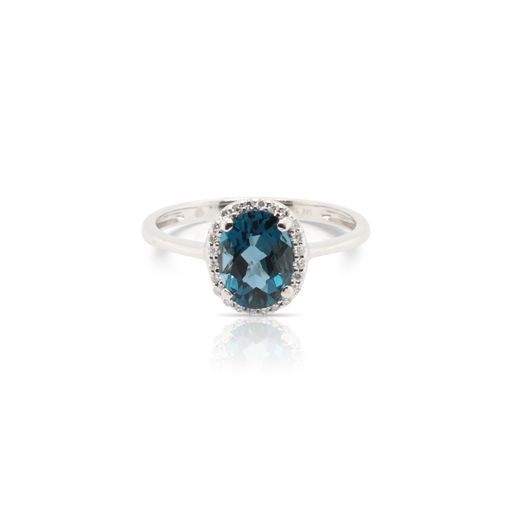 This London blue topaz and diamond ring by Rafael is crafted from 14k white gold and features a 1.50 carat oval London blue topaz and 0.06 total carats of diamonds around the halo.