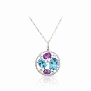 This blue topaz amethyst and diamond necklace by Rafael is crafted from 14k white gold and features 6.50 total carats of oval blue topaz and amethyst and 0.16 total carats of diamonds.