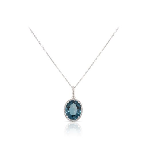 This London blue topaz and diamond necklace by Rafael is crafted from 14k white gold and features a 3.25 carat oval London blue topaz and 0.12 total carats of diamonds around the halo.