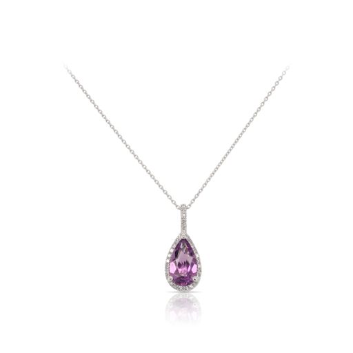 This amethyst and diamond necklace by Rafael is crafted from 14k white gold and features a 1.00 carat pear shaped amethyst and 0.09 total carats of diamonds.