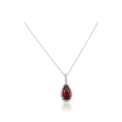 This garnet and diamond necklace by Rafael is crafted from 14k white gold and features a 1.15 carat pear shaped garnet and 0.08 total carats of diamonds.