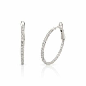 This pair of diamond hoop earrings by Rafael is crafted from 14k white gold and features 0.89 total carats of diamonds on the inside and outside of the hoops.